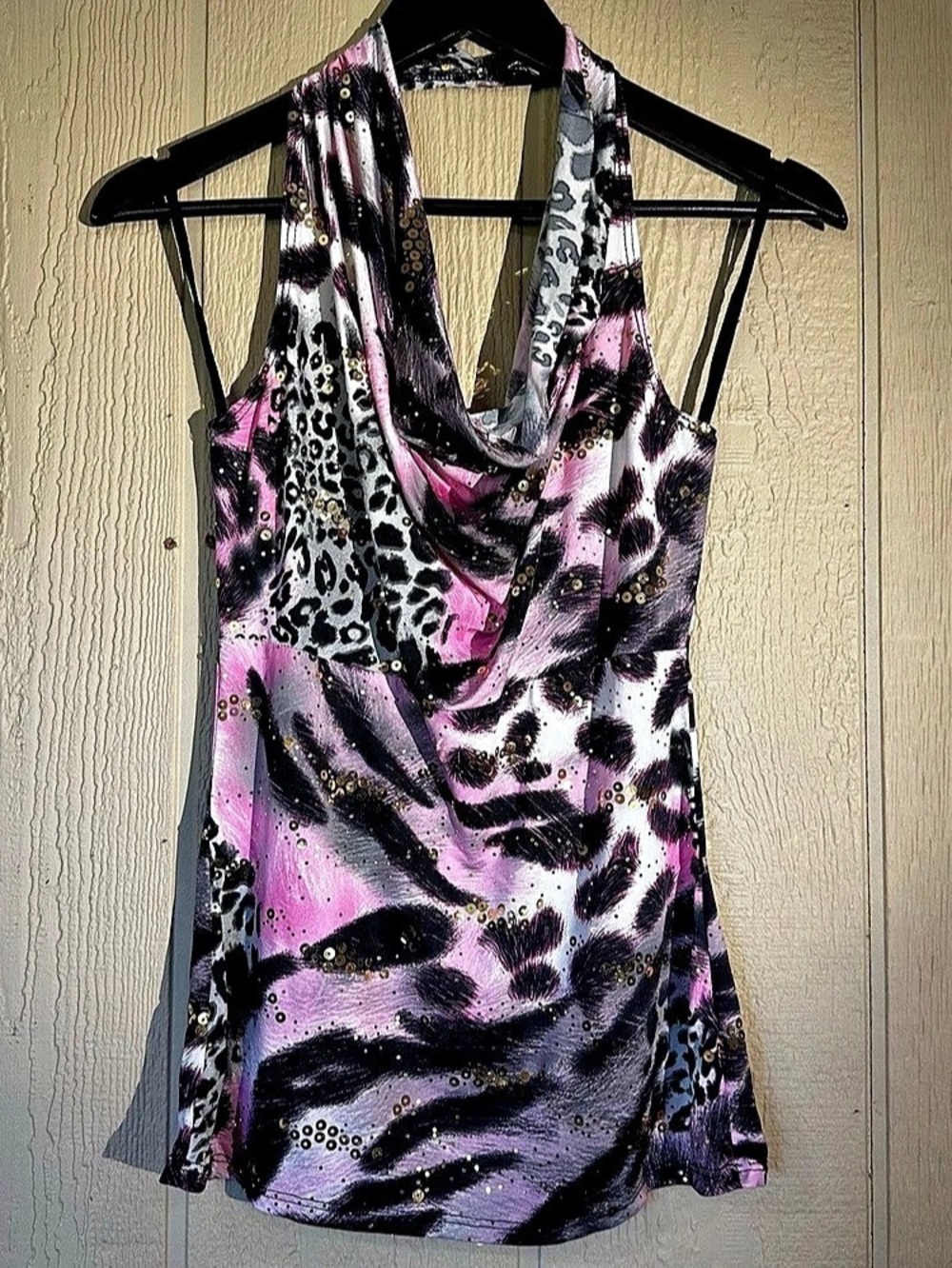 Body Central Animal Print Halter Top in Pink & Black